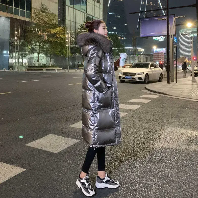 2023 New Winter Fashion Big Wool Collar Bright Face Down Coat Women\'s Mid length Down Jacket Knee Thickened Warm Cotton Coat