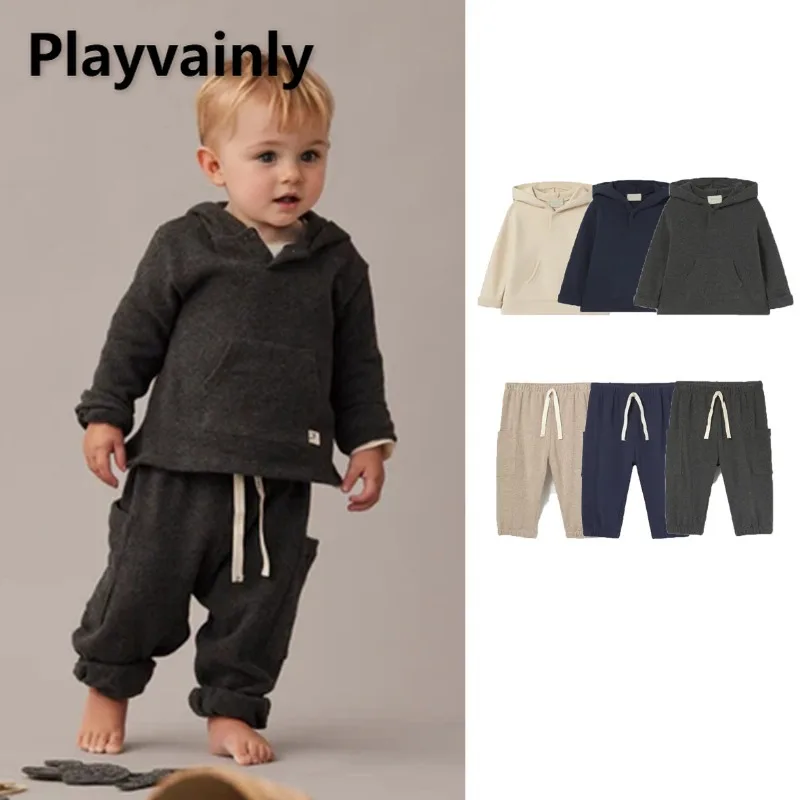 

New Autumn Winter Children Unisex Casual Outfits Grey Apricot Navy Blue Hoodie Elastic Waist Sweatpants Kids Everyday Wear W5288