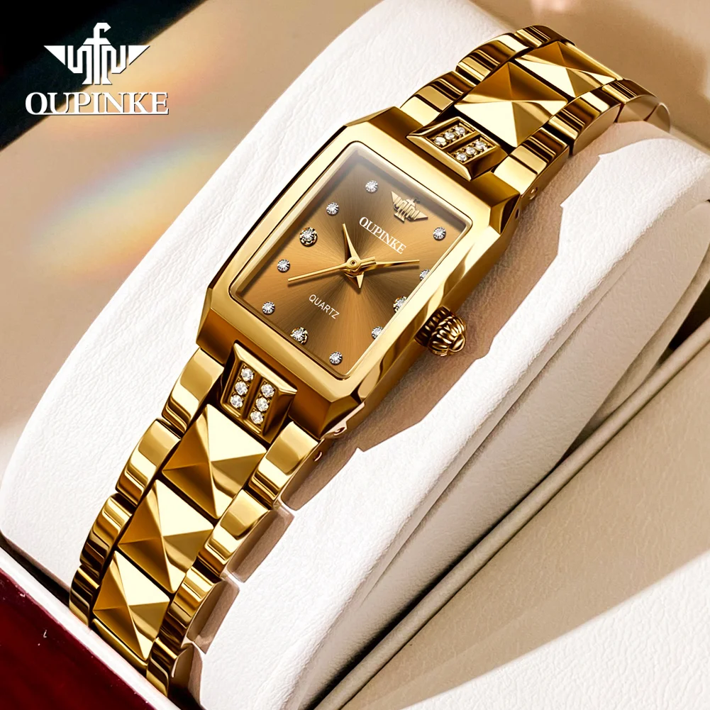 OUPINKE Women's Watches 50M Waterproof Gold Square Quartz Watch For Women Top Brand Original Luxury Ladies Clock Gifts Box 3246