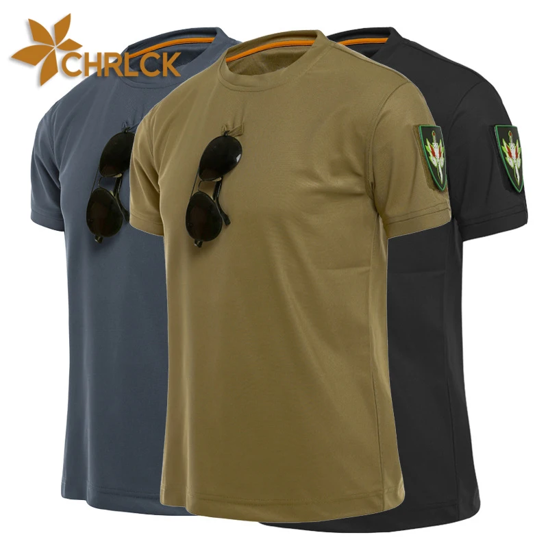 CHRLCK Men's Tactical Short Sleeves Breathable Men Hiking T-Shirt Tees Soft Elasticity Outdoor Sports Short Shirt Summer