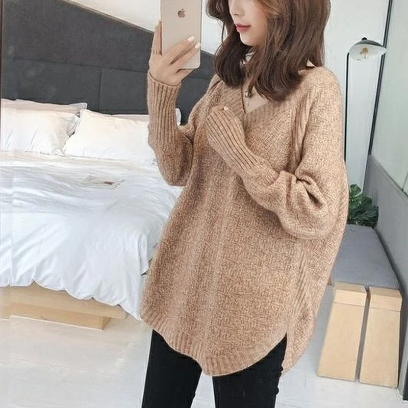 2025 herbst/Winter V-ausschnitt Langarm Pullover frauen Casual Lose Gestrickte Pullover Koreanischen Stil Elegante Einfarbig Strickwaren