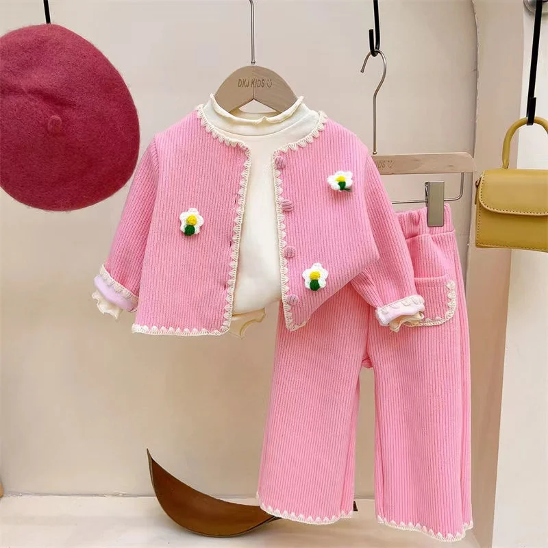 

Girl's Spring and Autumn Set New Girl's Fashionable Small Fragrance Style Baby Girl's Cardigan Wide Leg Pants Three piece Set