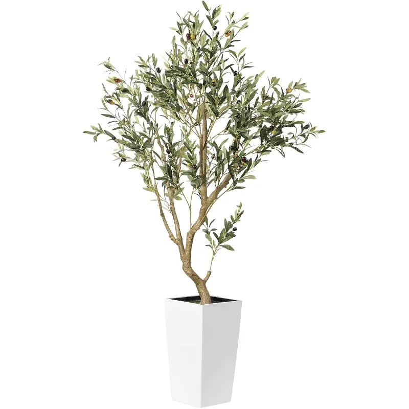 

Faux Olive Tree 5ft - Olive Trees Artificial Indoor 5 Feet (60") with White Planter, Fake Plants with Natural Wood Trunk