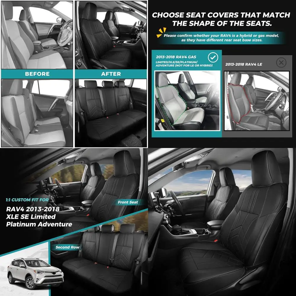 

Custom Fit Seat Covers for 2013-2018 Toyota RAV4 Models, Faux Leather Full Set - Easy Install, Black