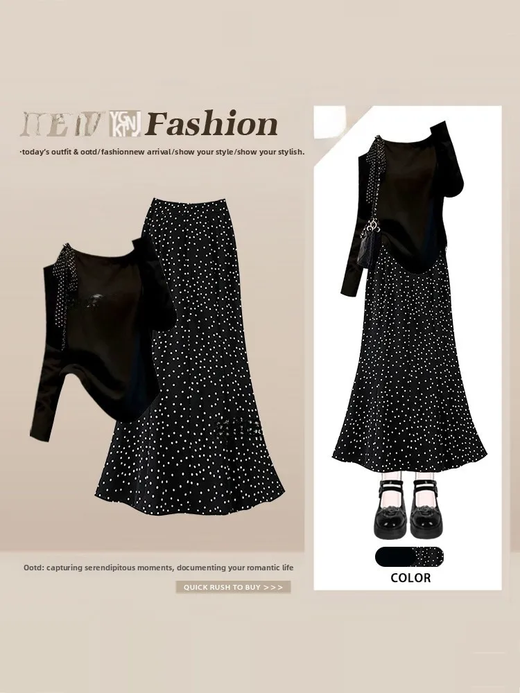 

Daily Commute Slimming Long Sleeve Outfit Set Women Spring Summer Polka Dot Half Skirt Fashionable T-Shirt Two-Piece Set