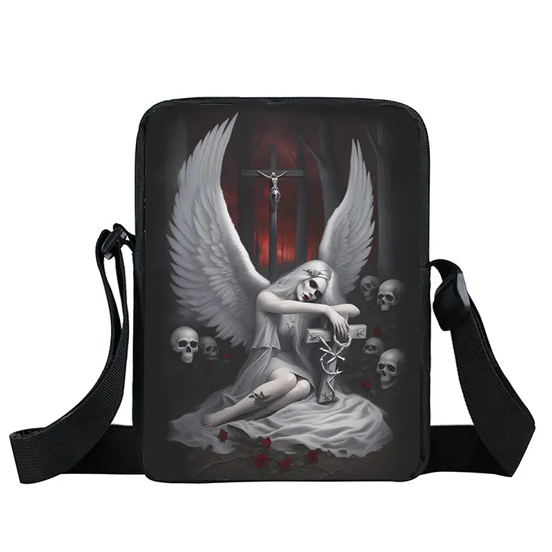 Gothic Sad Fallen Angel Wing Print Crossbady Bag Fantasy Skull Girl Women Book Bags Key Phone Holder Portable Messenger Bag Gift