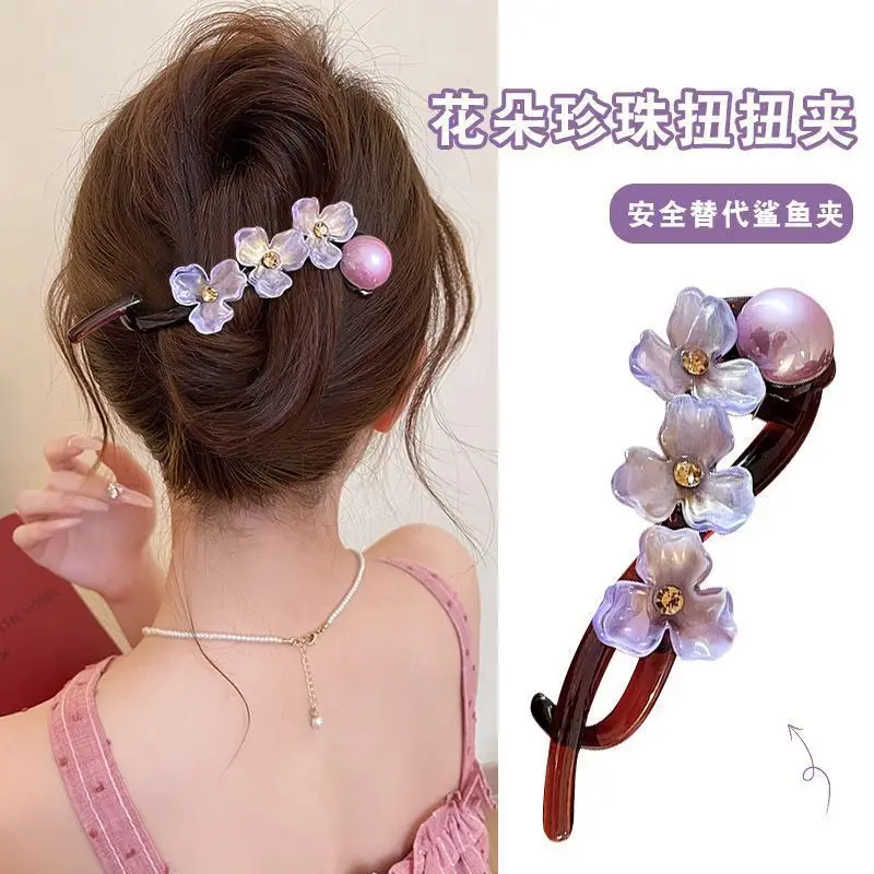 Hair Clip Vintage Flower Twist Clip Girly Elegant Back Head Updo Chic Premium Lightweight Resin Gold for Women Girls Travel