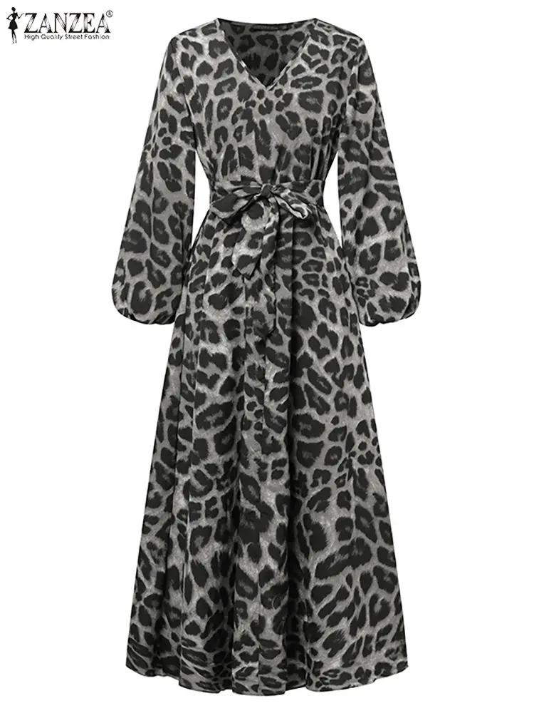 ZANZEA-vestido de manga comprida com estampa leopardo para mulheres, vestido maxi vintage, gola V, vestido de festa, moda feminina, outono