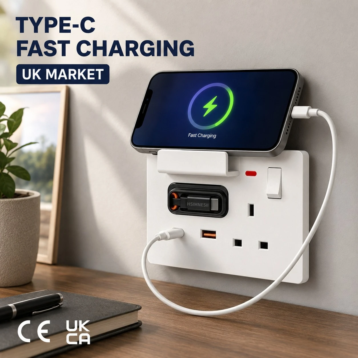UK 13A Wall Socket with 20W USB Type-C Fast Charging Plug Outlet Universal Smart Wall Adapter with Expandable Charging Cable
