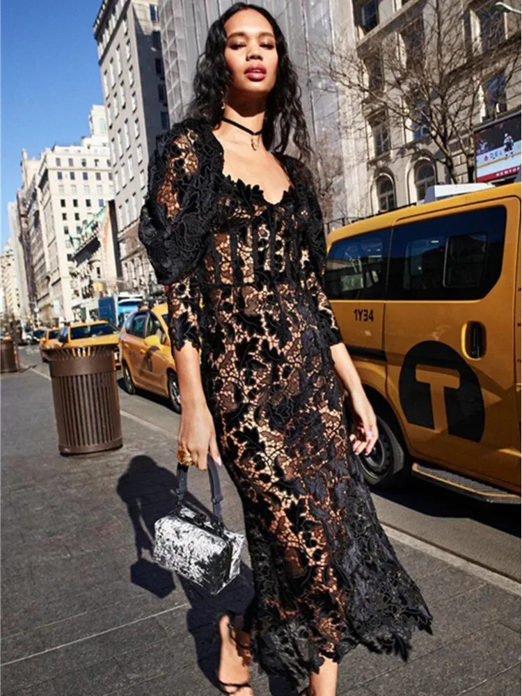 

Women Sexy Backless Puff Sleeve Black Lace Hollow Out V Neck Long Dress 2024 Elegant Evening Party Club Birthday party Dress