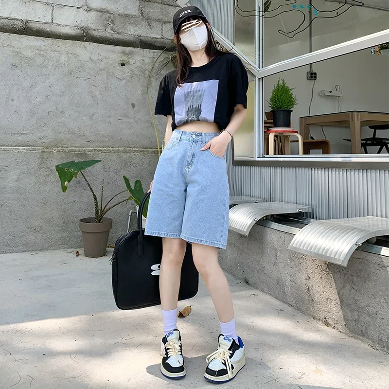 Summer New Women's Short Jeans Y2K Retro Street Fashion Casual Denim Shorts Female High Waisted Loose Straight Leg Denim Shorts