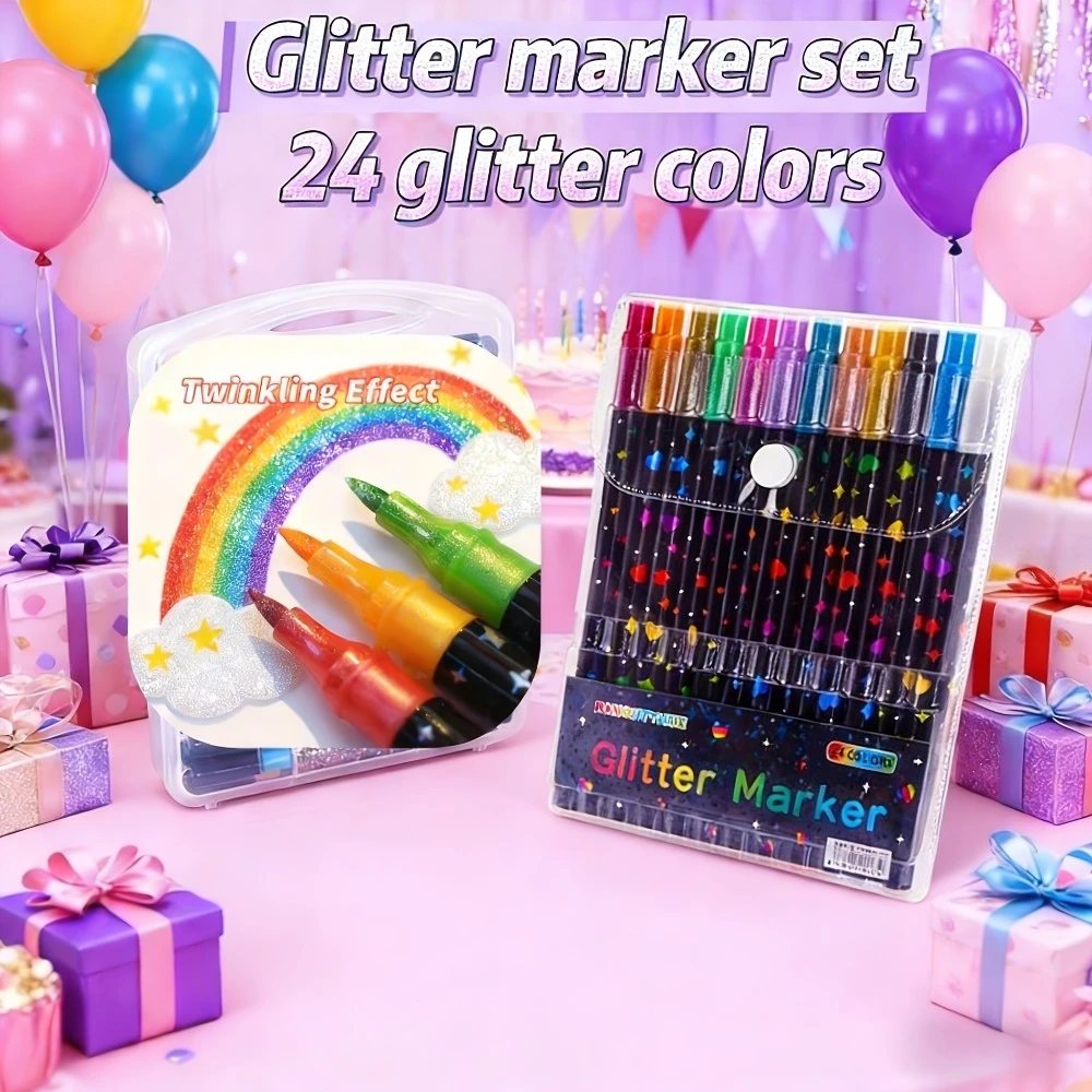 

12Pcs Plastic Glitter Marker,Dual Tip Design,Quick Dry Permanent Ink,Fineliner Nib,For Scrapbook Card Making Journal Art Drawing