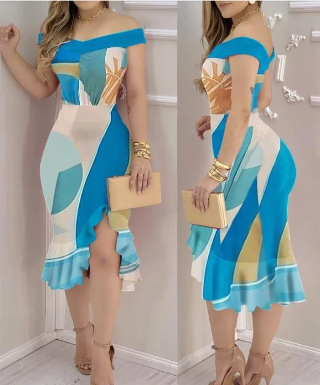 

2026 new stock fashionable and elegant suspender printed fishtail dress