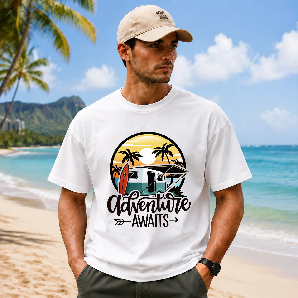 Retro-style camper van graphic T-shirt; casual, stylish, and suitable for both men and women