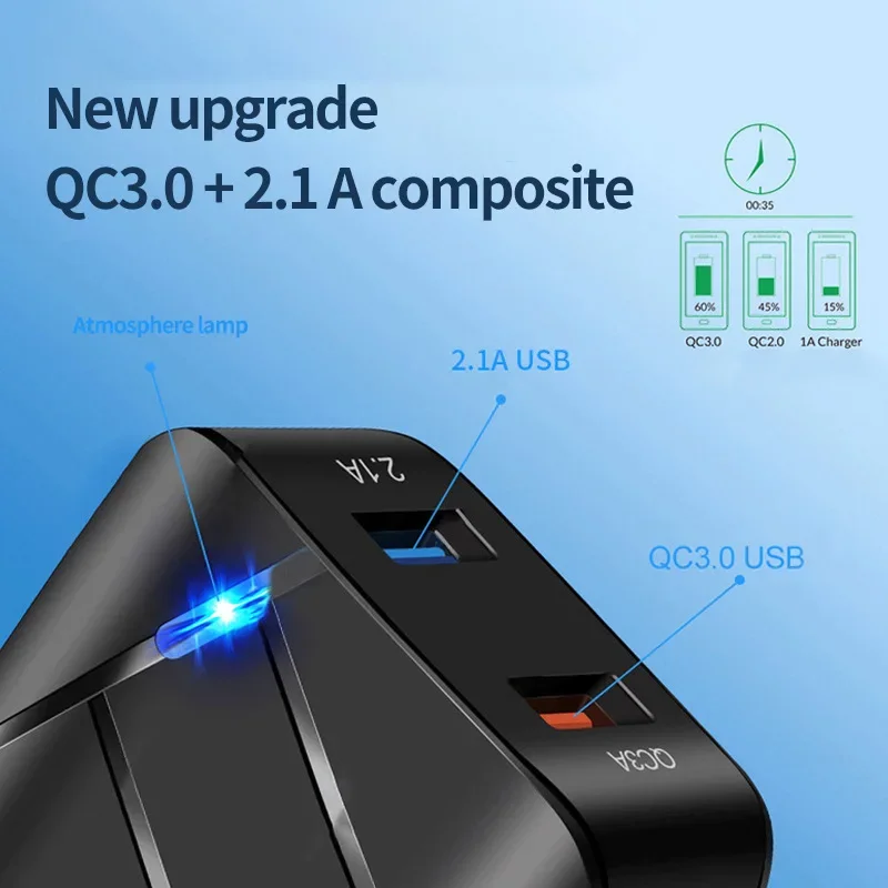 المزدوج USB Qc3.0 + 2.1a متعدد المنافذ شحن سريع ثنائي المنفذ المعيار الأمريكي الأوروبي القياسية شحن سريع شاحن الهاتف المحمول #4