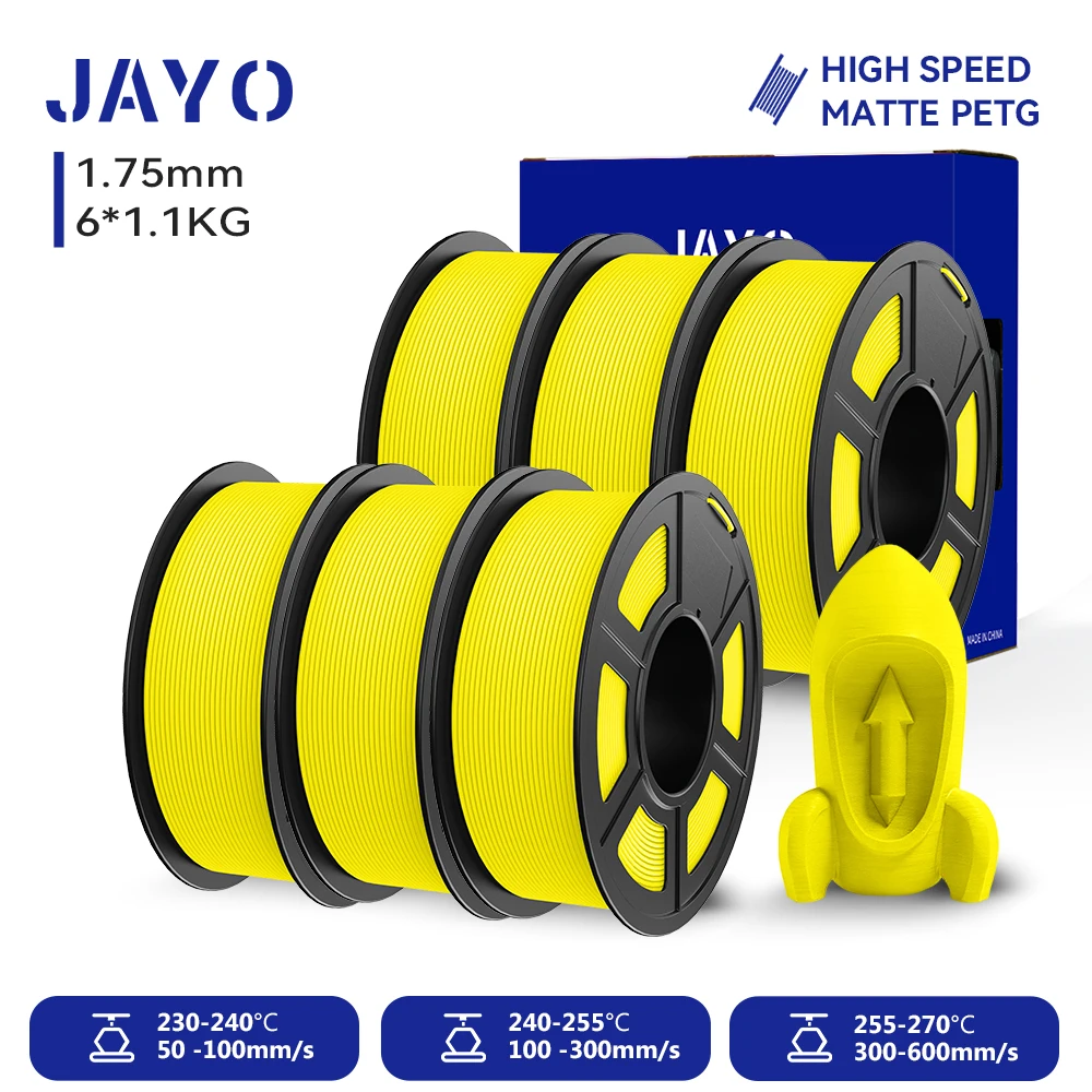 JAYO PETG 3D-Filament 1,75MM Hochgeschwindigkeits-Mattes PETG 3D-Drucker-Filament 6 Rollen High-Flow Speedy Matte Effekt 3D-Druckmaterialien