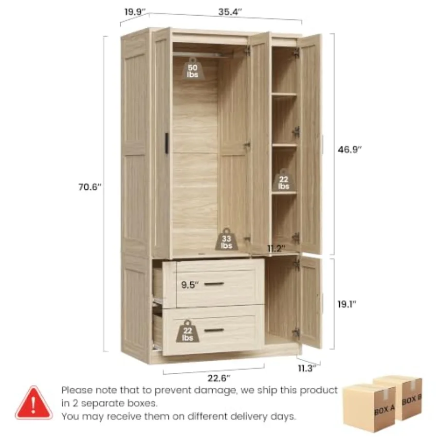 70.6 Inch Armoire Wardrobe Closet with Drawers for bedroom, engineered wood, white, spacious storage and smooth-gliding drawers