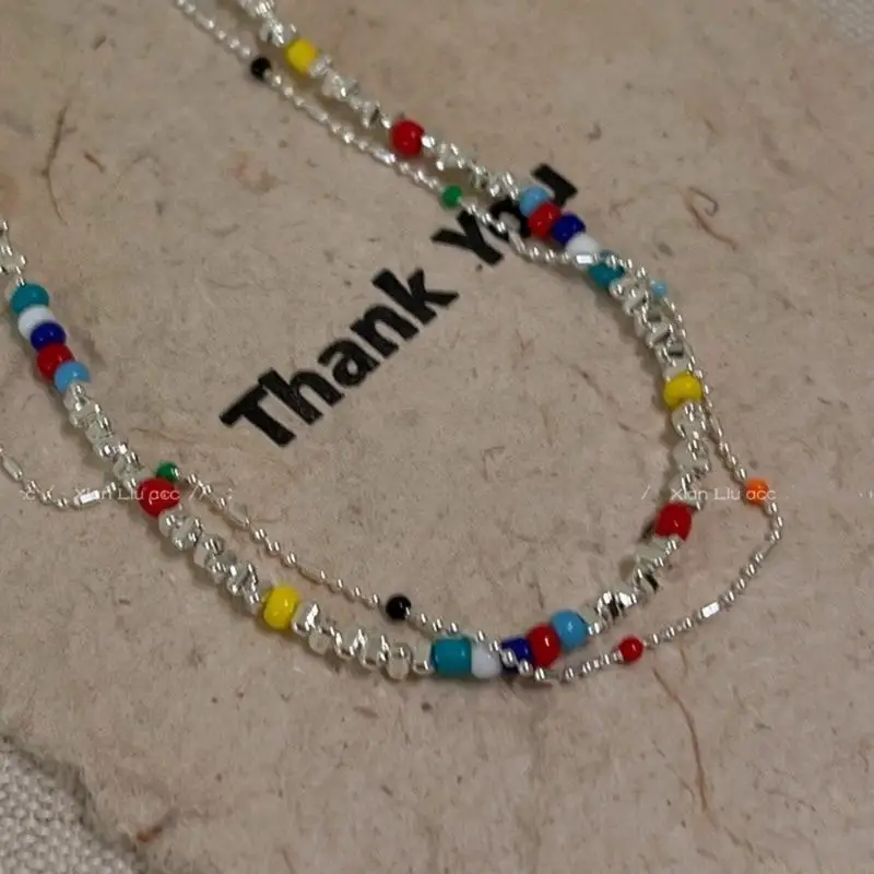 31BF Contemporary Layer Bead Necklace Mixing Colored Beads and Metallic Styles
