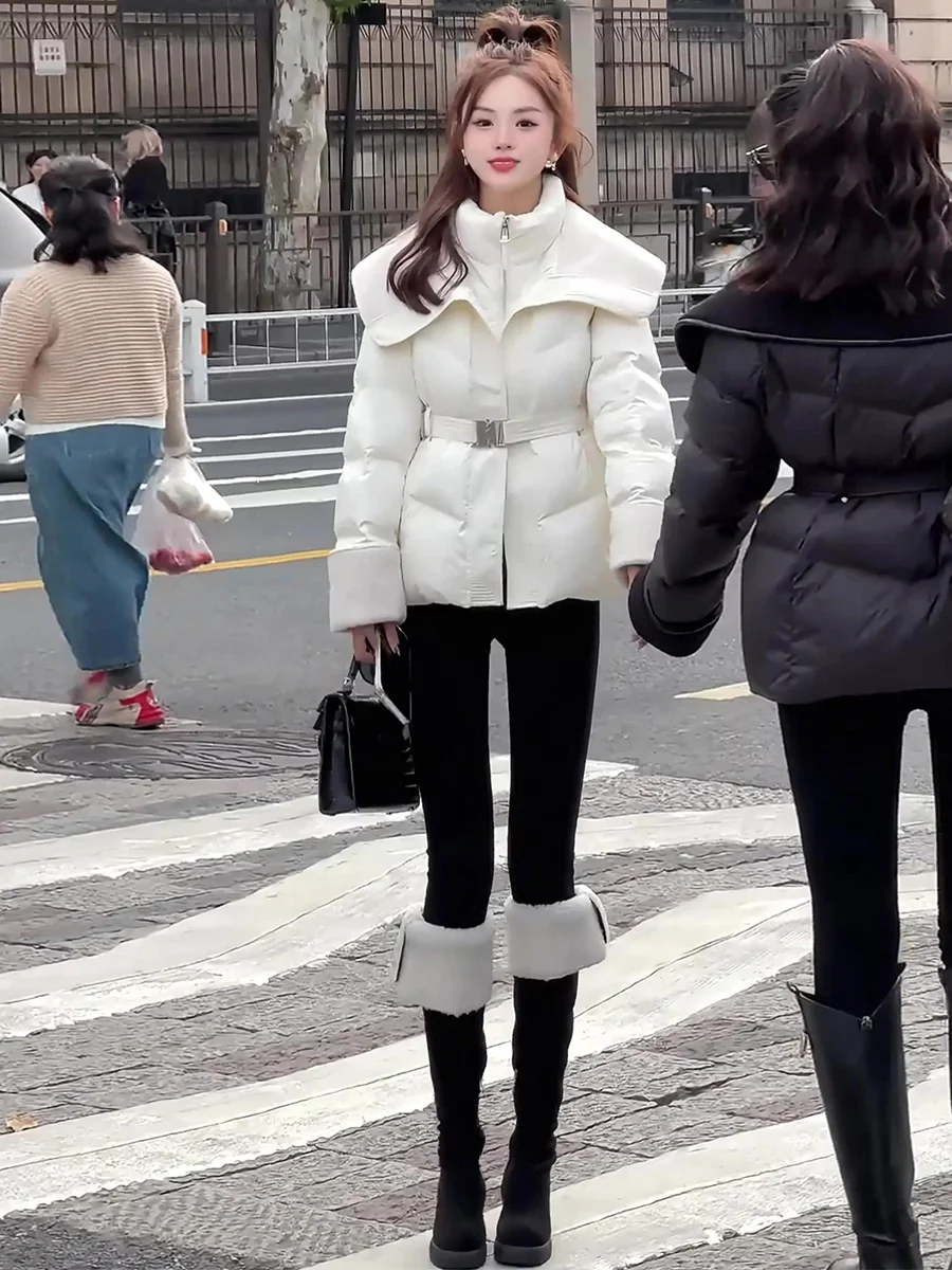 

Женская утепленная короткая пуховая куртка с высоким воротником, белая, с эффектом утяжки на талии, зимнее пальто, повседневный крой, длинный рукав