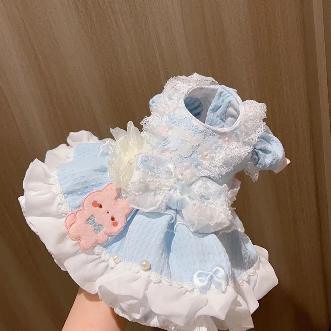 

Cute Cartoon Rabbit Print Puppy Clothing Fashion New Blue Lace Dresses For Small Medium Dog Chihuahua Pet Dog Cat Clothes XS-XL