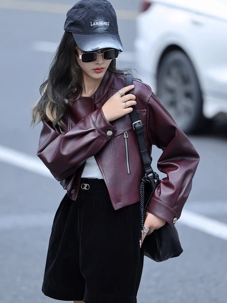 Casual Short Genuine Leather Motorcycle Jackets for Women Spring Autumn High-end Simple Stand Collar Soft Real Sheepskin Coat