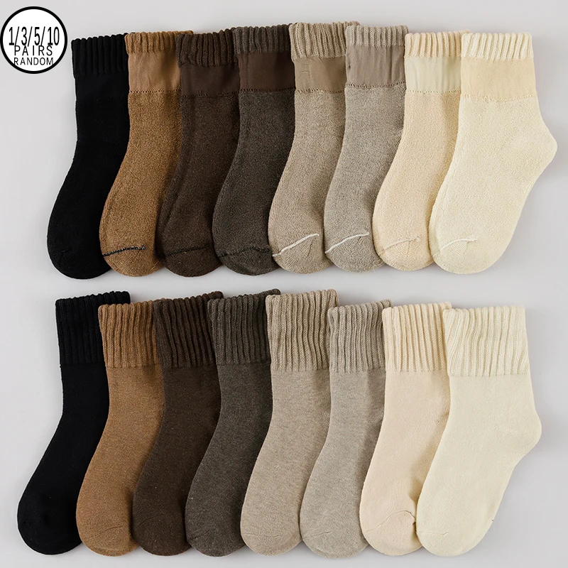 1/3/5/10 Pairs Random Women Autumn Winter Style Solid Color Design Soft Thick Fleece Lined Warm Mid‑Calf Socks