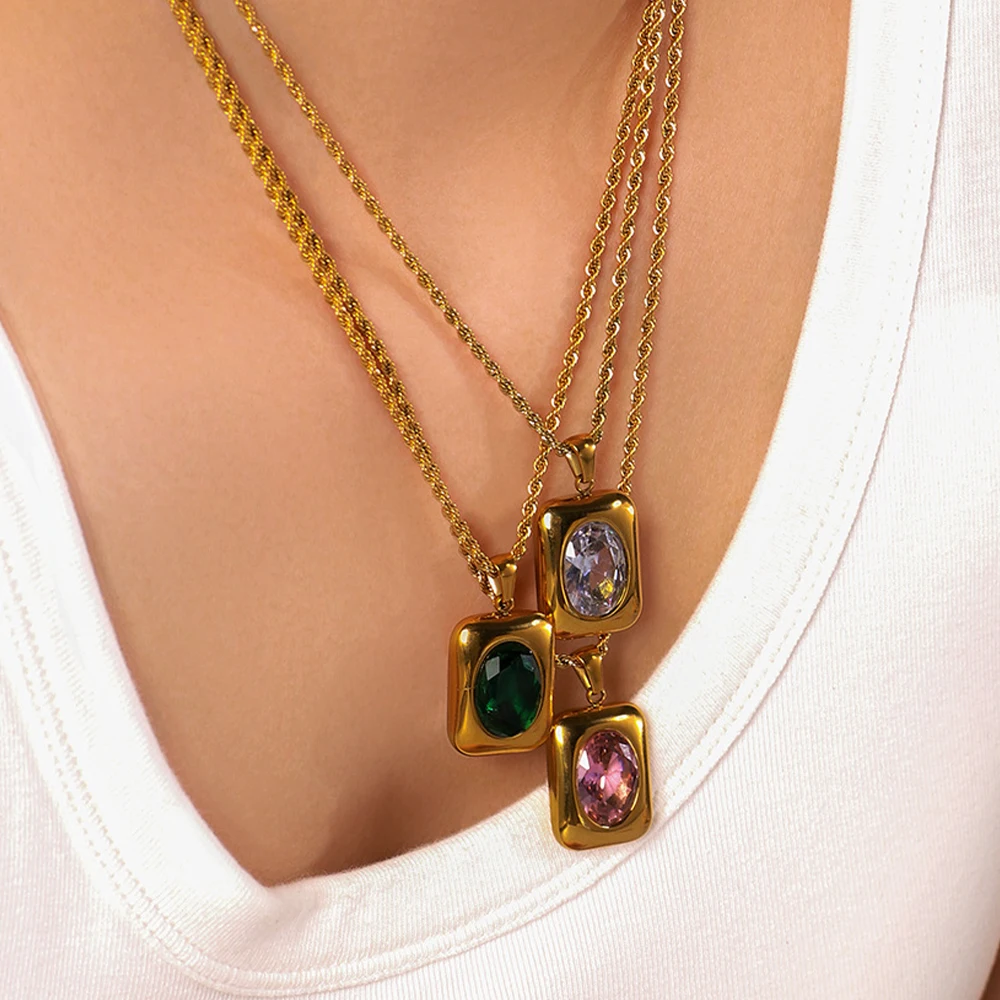 Fashion Gold Color Round Zircon Square Pendant Necklaces Stainless Steel Waterproof Necklace Party Wedding Jewelry for Women
