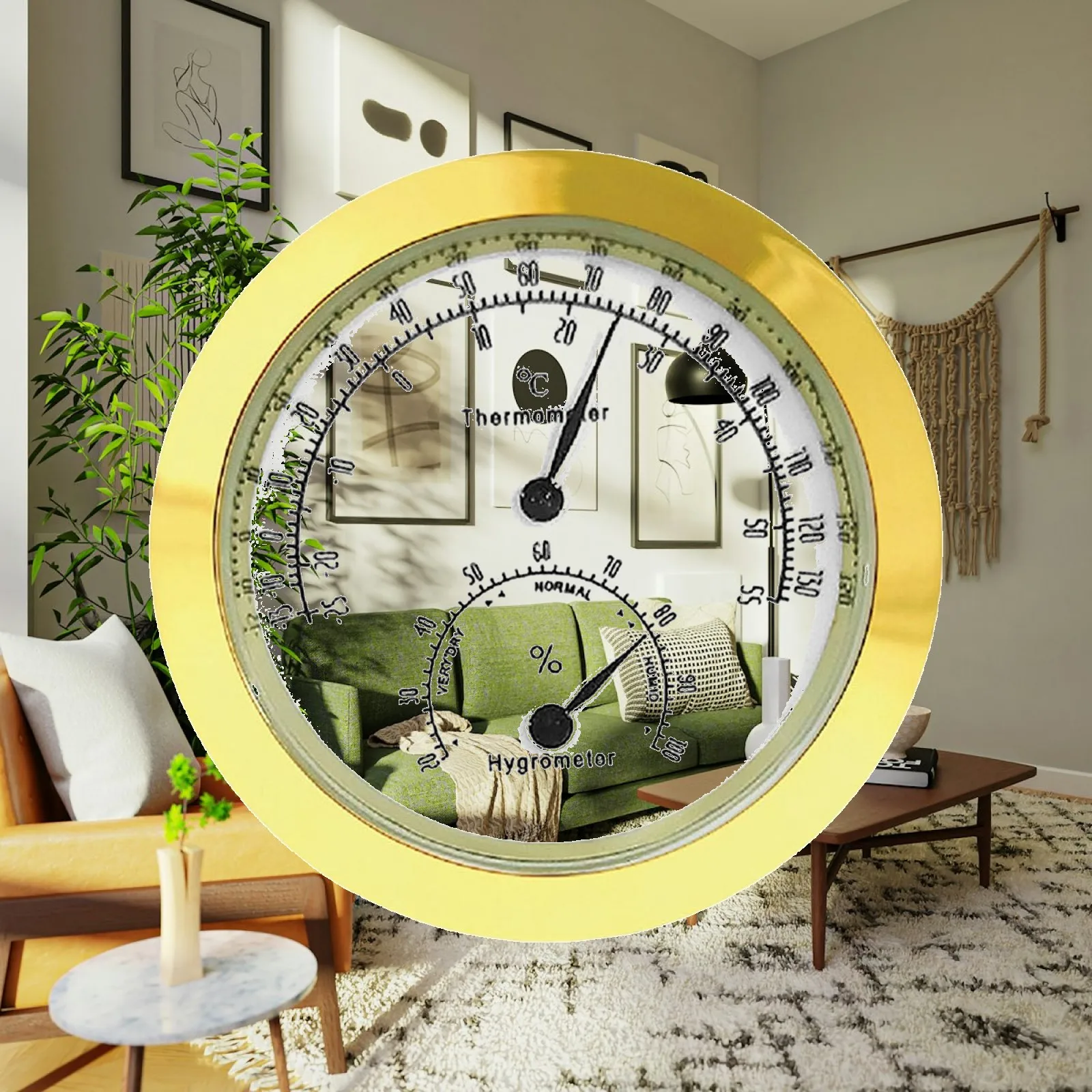 Wall Mounted Analog Hygrometer Thermometer Large Numbers Metal Gauge for Home Living Room Patio