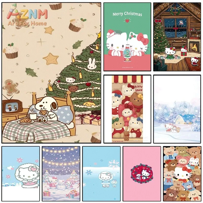 Sanrio Snoopy Christmas Bedroom Canvas Wall Art Unframed Canvas Poster Kawaii Xmas Print Kids Room Wall Decor Gift