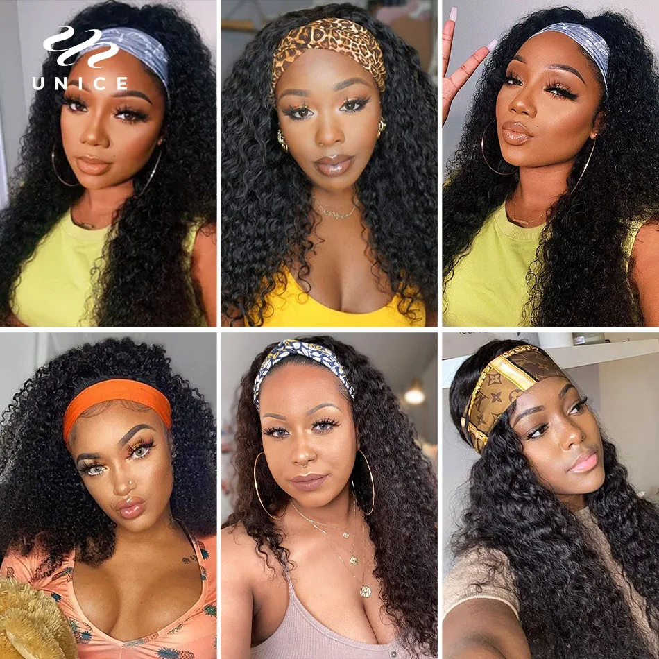 Unice Hair Velvet Headband Wig 8-26Inch Mongolian Kinky Curly Wig 100% Human Hair Natural Curly Headband Wig for Women