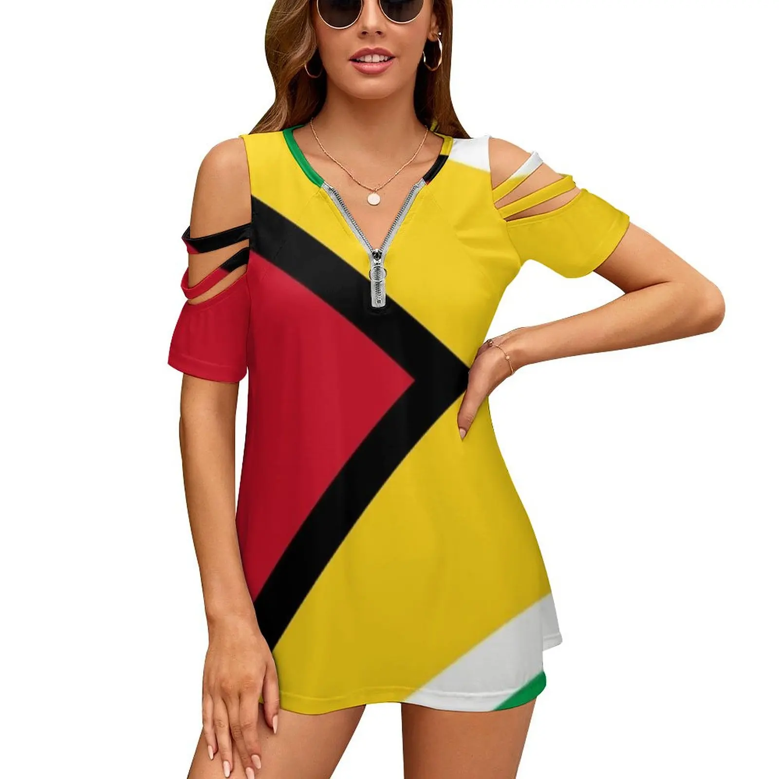 Guyana Flag Mini Skirt New Fashion Zip Off Shoulder Top Short-Sleeve Women Shirt Guyana Cooperative Republic Flag Mini Women