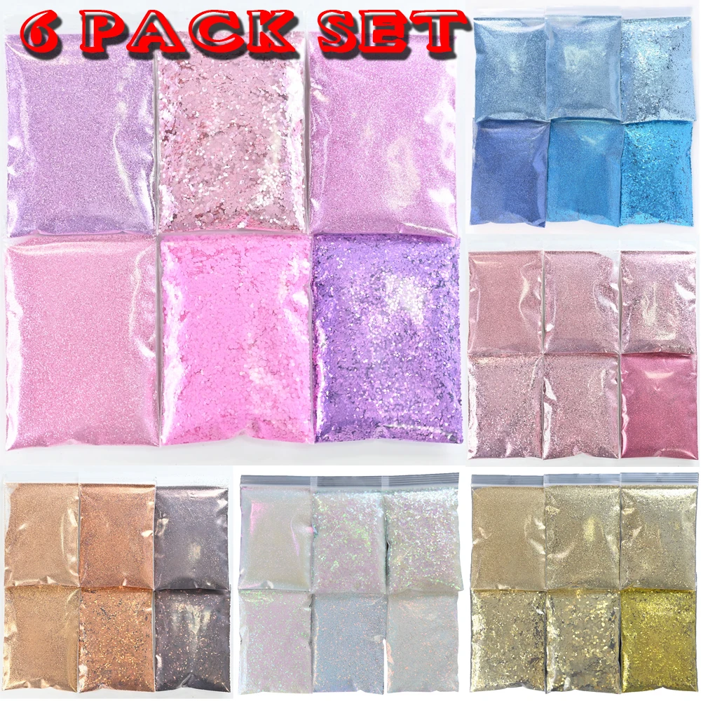 

6Bag Kits Nail Glitter Powder Set(10g/Bag) Sparkly Nail Art Irregular Chunky Sequins Spangles Shinning Glitter Flakes 6 Sizes