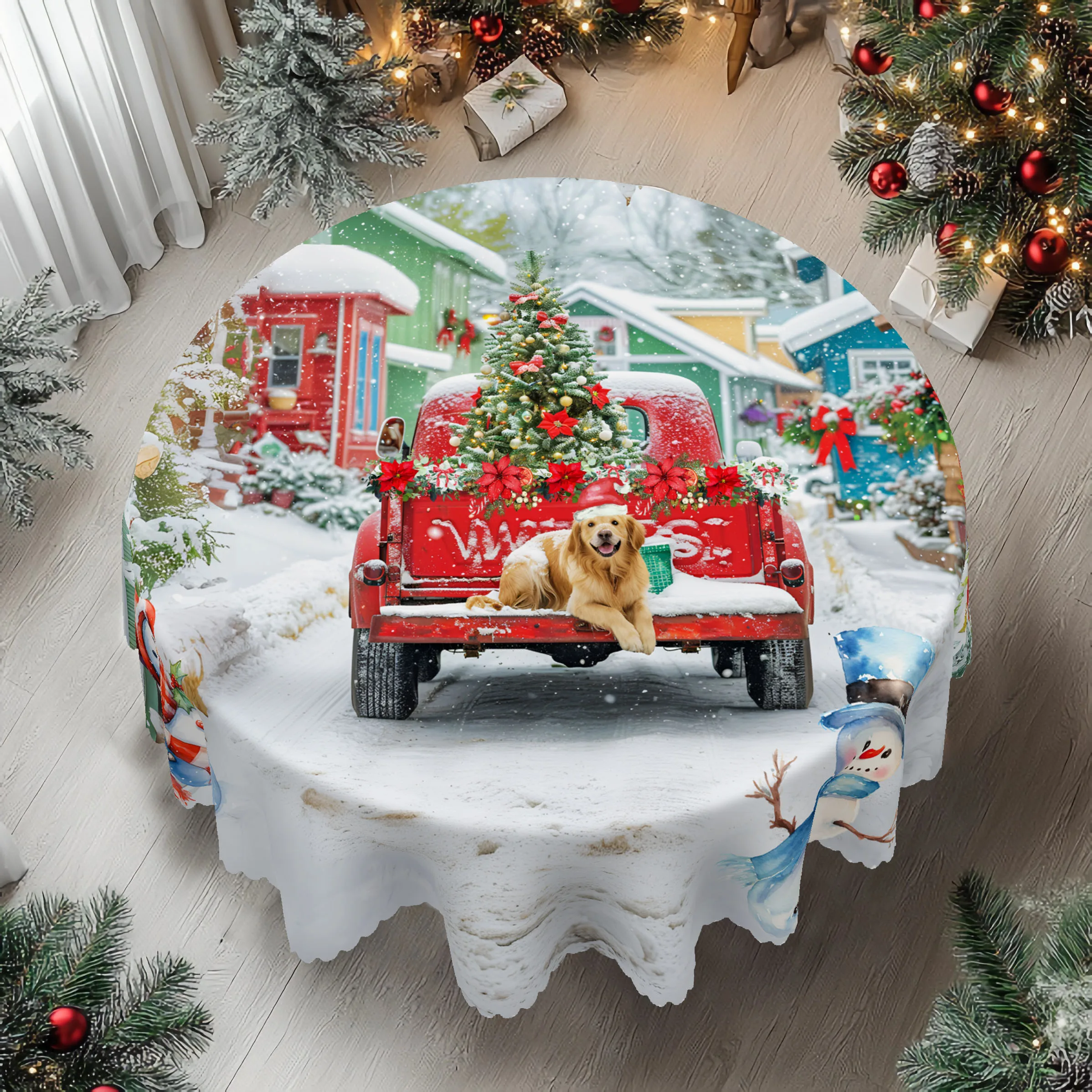 1 Piece Christmas-Themed Tablecloth, Multiple Sizes, Cute Truck and Puppy Pattern Decorative Tablecloth, Printed Tablecloth, Christmas Party Gathering, Suitable for Indoor and Outdoor Use in Family Kitchens, Dining Rooms, and Patio Areas during the Holiday Season, Gift