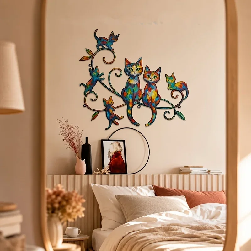IFBUY Metal Cat Wall Art, 2D Flat Colorful Cats on Vine Iron Wall Decor for Bedroom Garden Patio Entryway