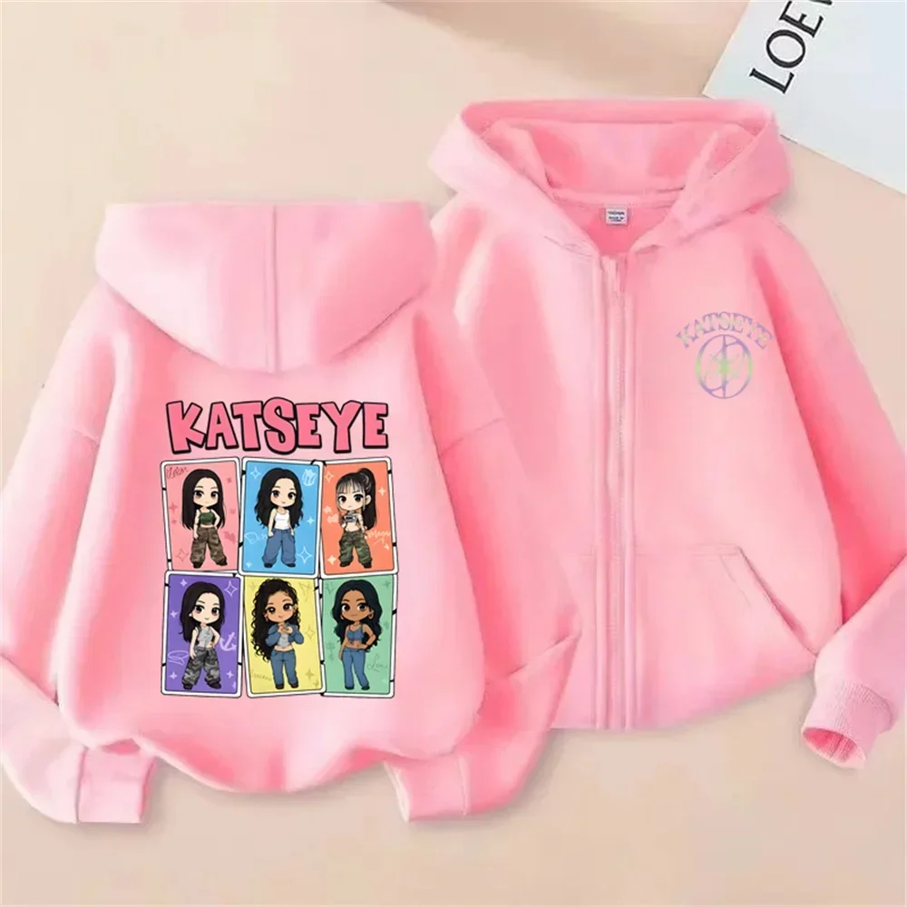 Kids Zip Up Sweatshirts Kpop Katseye Print Hoodie Children Clothes Kids Casual Tops Girl Boy Sweatshirt Zipper Hoody Streetwear