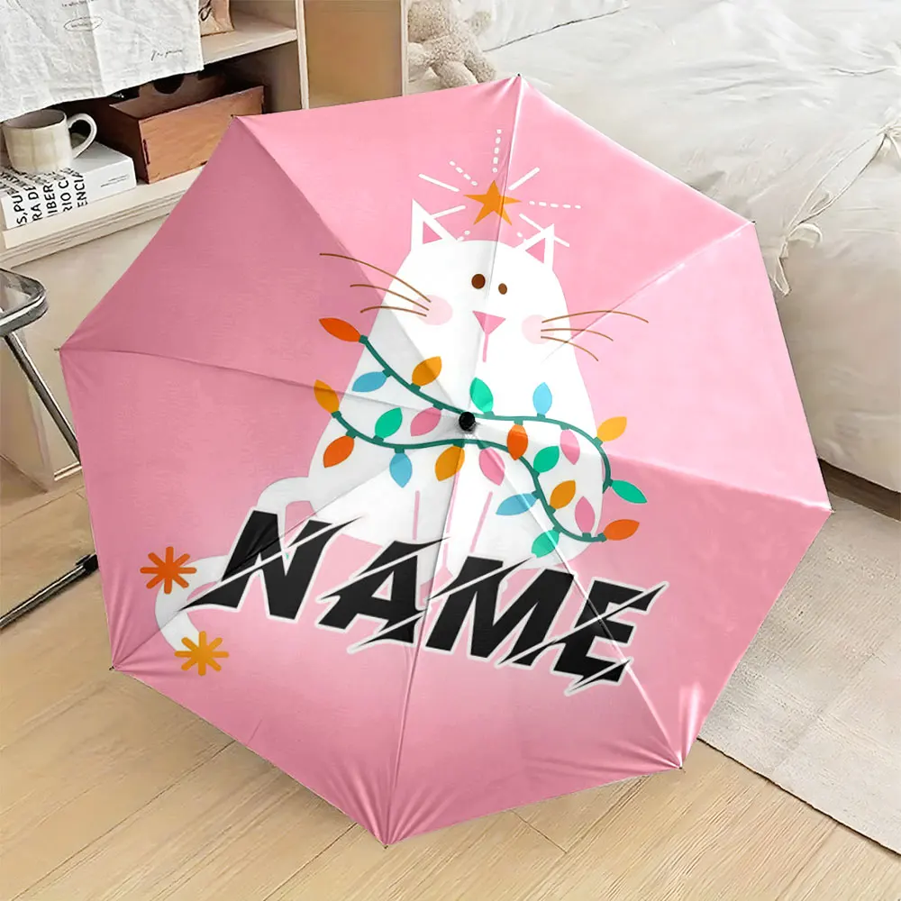 Custom Name Umbrella, Cute White Cat with Festive String Lights on Pink Background Folding Umbrella for Sunny and Rainy,Gift