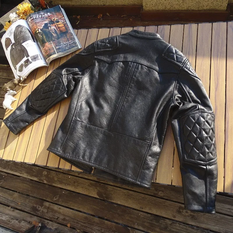 

Мужская кожаная куртка из воловьей кожи с коротким воротником-стойкой, мотоциклетная, из натуральной кожи, модная и индивидуальная мужская одежда