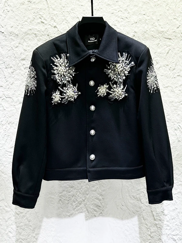Luksusowe, haftowane, zdobione kwiatami i koralikami marynarki z klapami, moda męska 2025, jesienne nowe modne kurtki, lekkie luksusowe krótkie płaszcze.