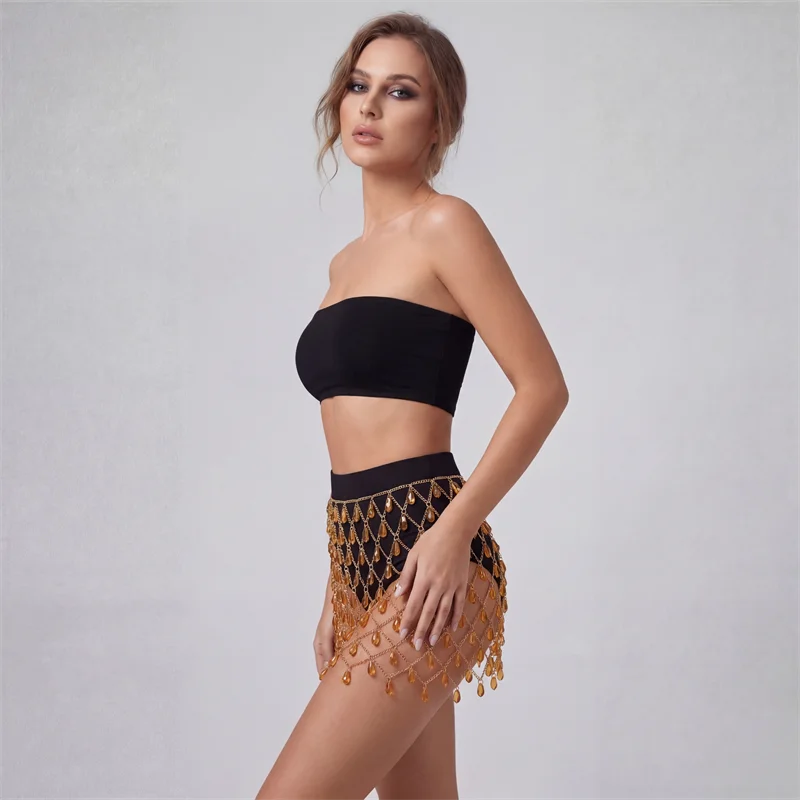 Damen Strass Netz Bauchtanz Minirock Gold Tränenketten-Hüfttuch Hochgeschnittener Festival Rave Party Clubwear Outfit – Detail 3