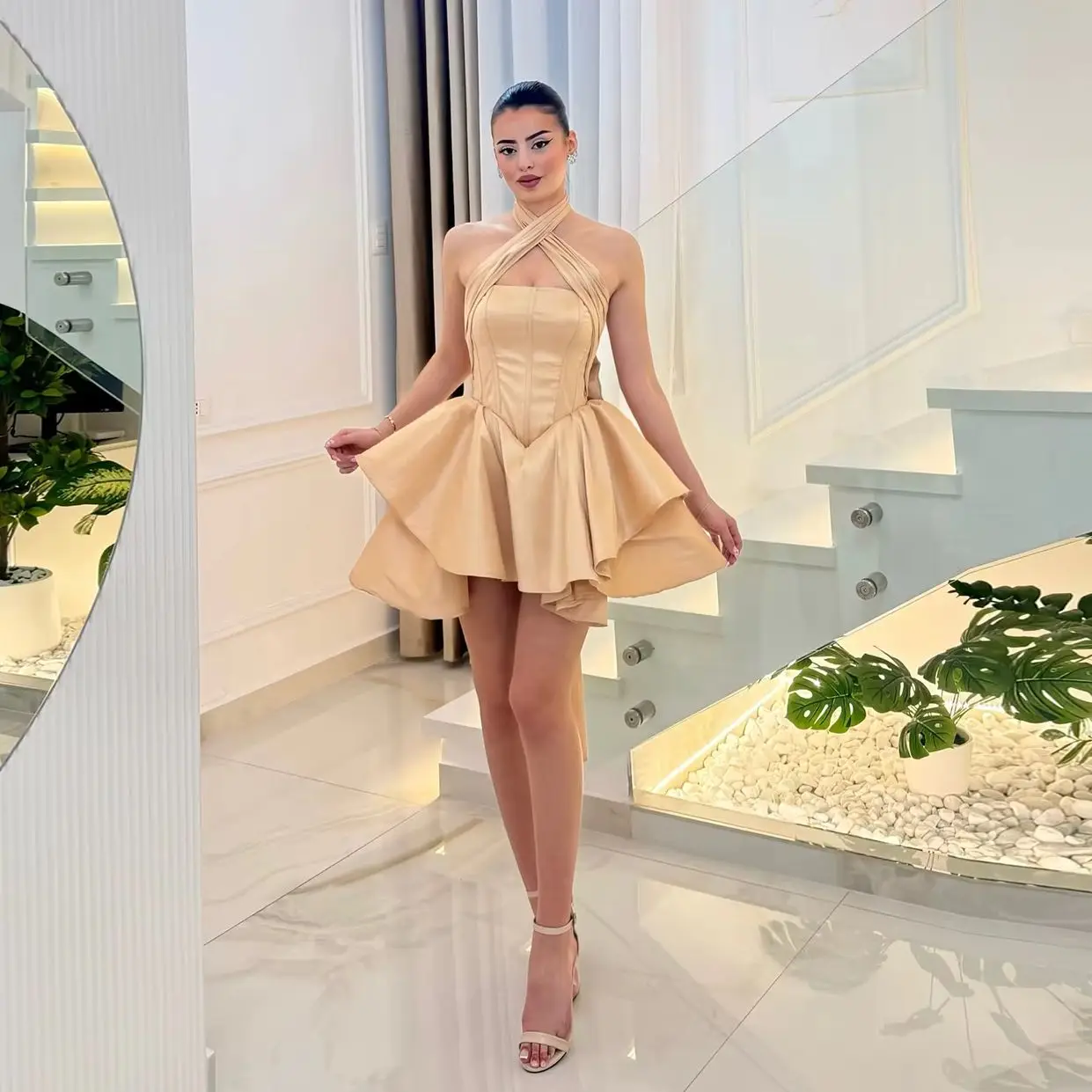 Sharon Said Charming Satin Coral Halter A-Line Prom Dress with Bow Short Evening Birthdays Party Gowns SH541 Customized