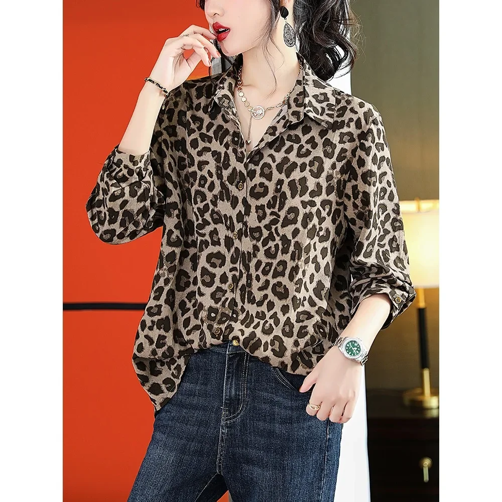 Women\'s M-2XL SizeNew Straight Tube Leopard Print Chiffon Shirt Loose Casual Home Chubby Sister Women\'s Clothing womens tops