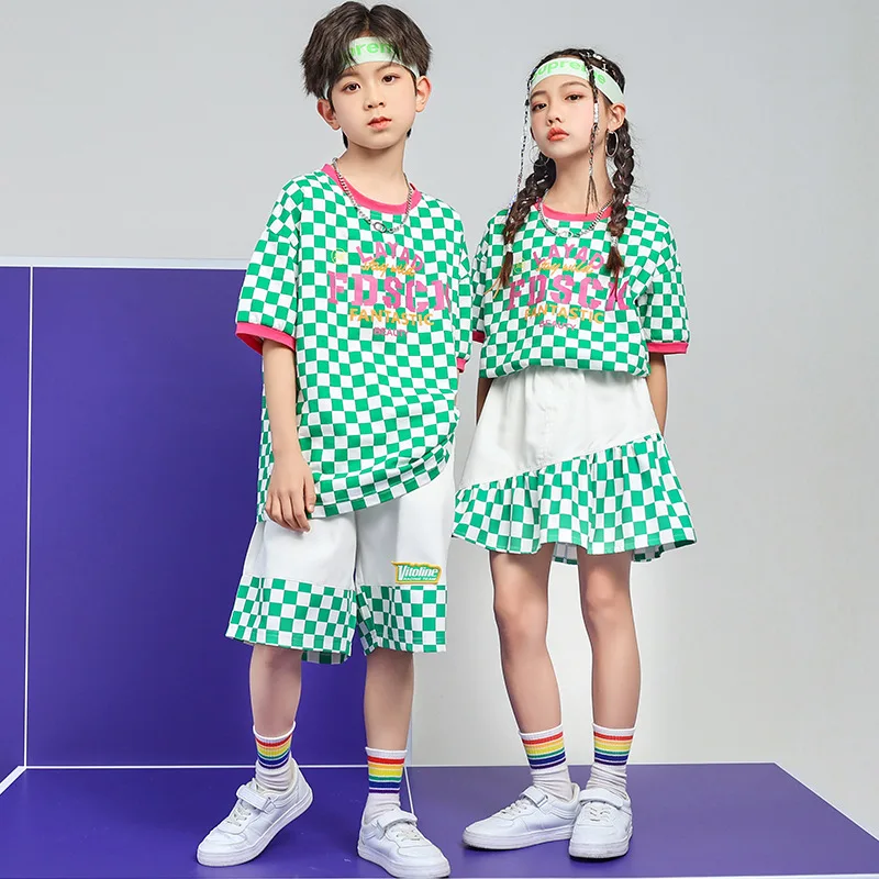 Kids Hip Hop Clothing Children Plaid Top Short Sleeve T Shirt Streetwear Skirt Dance Costume Boys Girls Cheerleading Show Wear