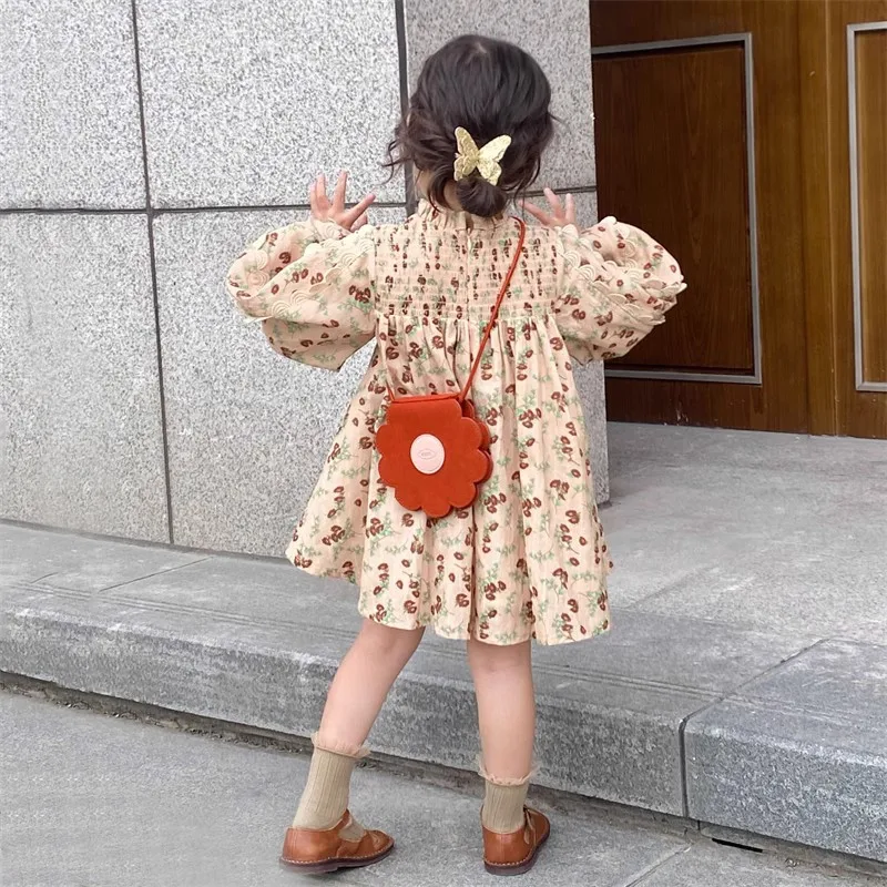 Korean Version of Girls' Dress 2024 Autumn New Coffee Flower Princess Dress Heavy Industry Lace Sleeves Cute Floral Dress