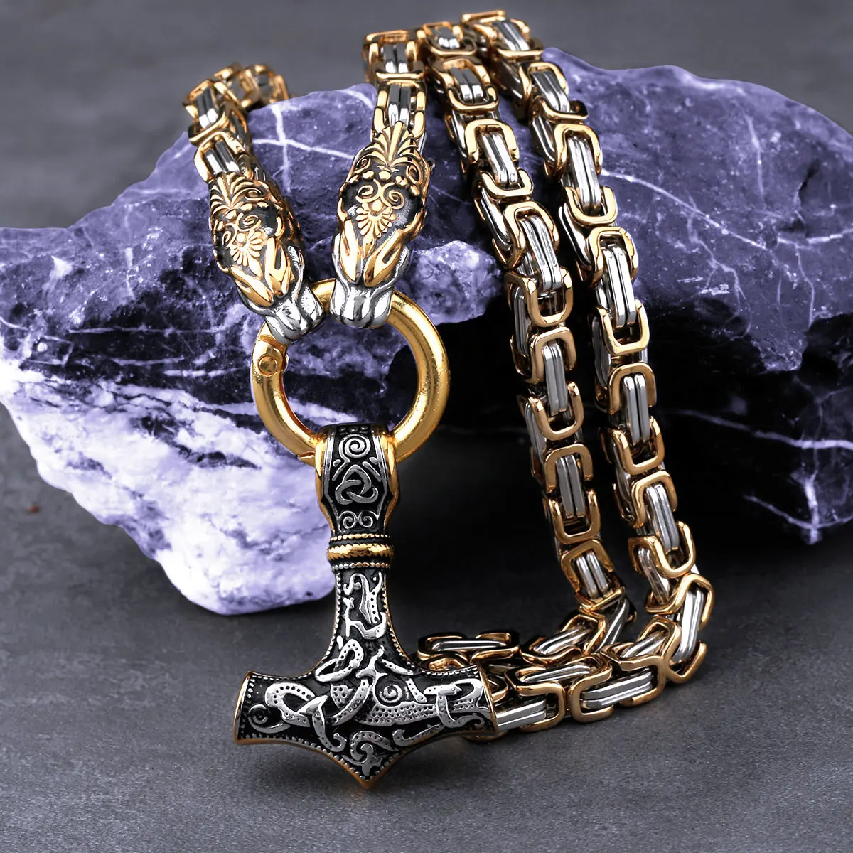 Vintage Viking Dragon Head Amulet Thor's Hammer 316L Stainless Steel Pendant Necklace Pirate King Chain with Valknut Gift Bag