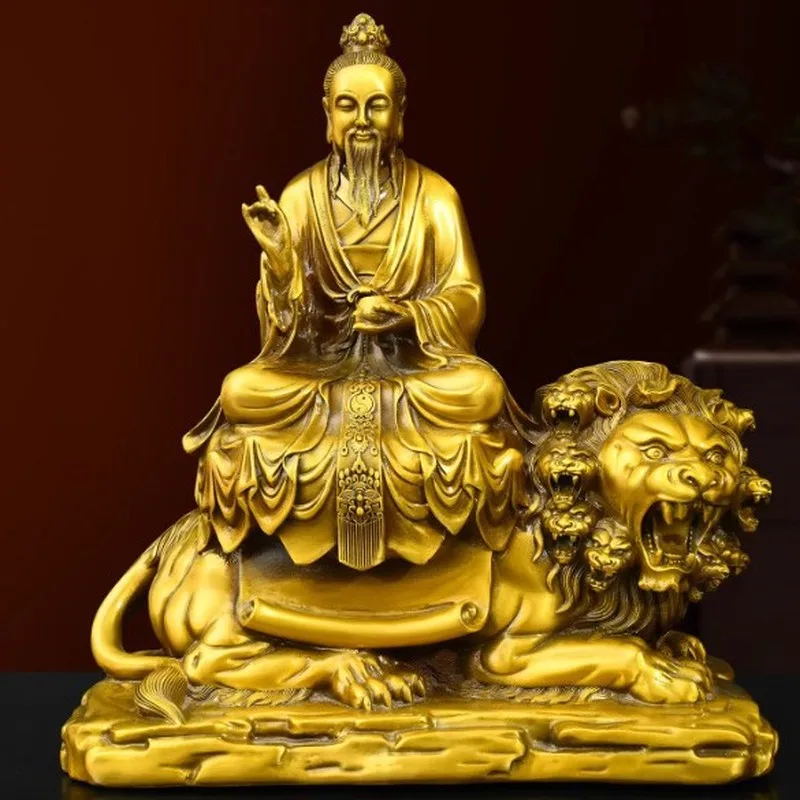 Brass statue of Taiyi Zhenren, a deity from the Qingwei school of Taoism, depicted sitting on a nine-headed lion, representing t