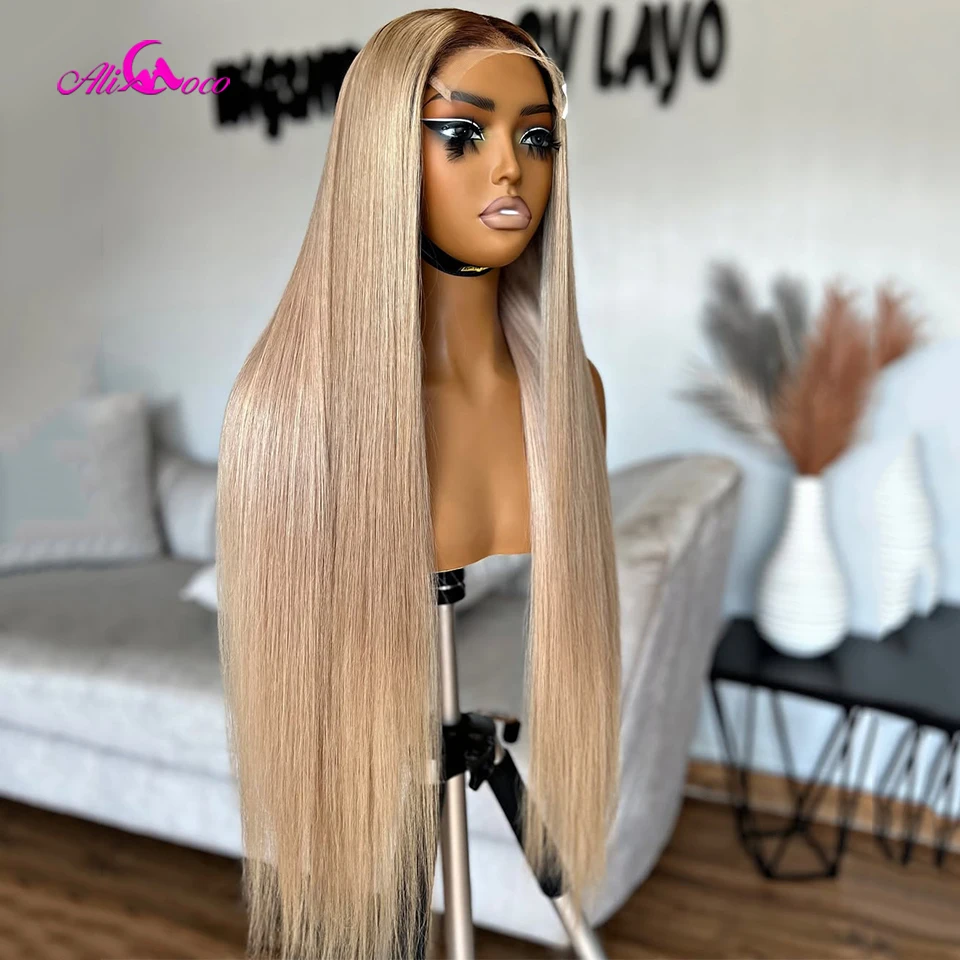 

Ombre Ash Blonde Straight 13x4 lace Front Wigs with Dark Root HD Transparent Lace Frontal Human Hair Wig Brazilian For Women