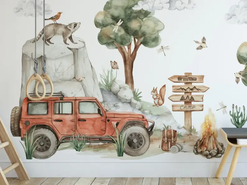 Wall stickers for a boy's room, jeep, off-road car, trees, forest, animals, XL wall decal nursery room