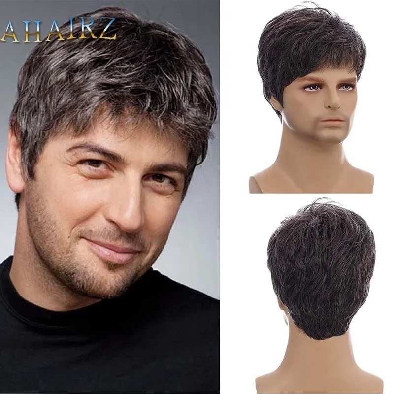 

Short Wigs for Men Daily Cosplay Wig Men Synthetic Straight Hair Men's Wig Brown Mixed Silver Gray Pixie Cut Wig With Bangs