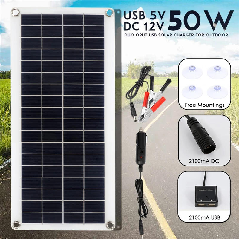 50W Solar Panel 12V Monocrystalline USB Power Portable Outdoor Solar Cells Car Ship Camping Hiking Travel Phone Charger