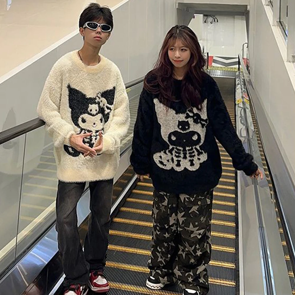 لطيف Kuromi سترة Sanrioed الرجال النساء رشاقته محبوك القمم أنيمي Kawaii الخريف الشتاء طالب فضفاض زوجين الزي ملابس علوية غير رسمية